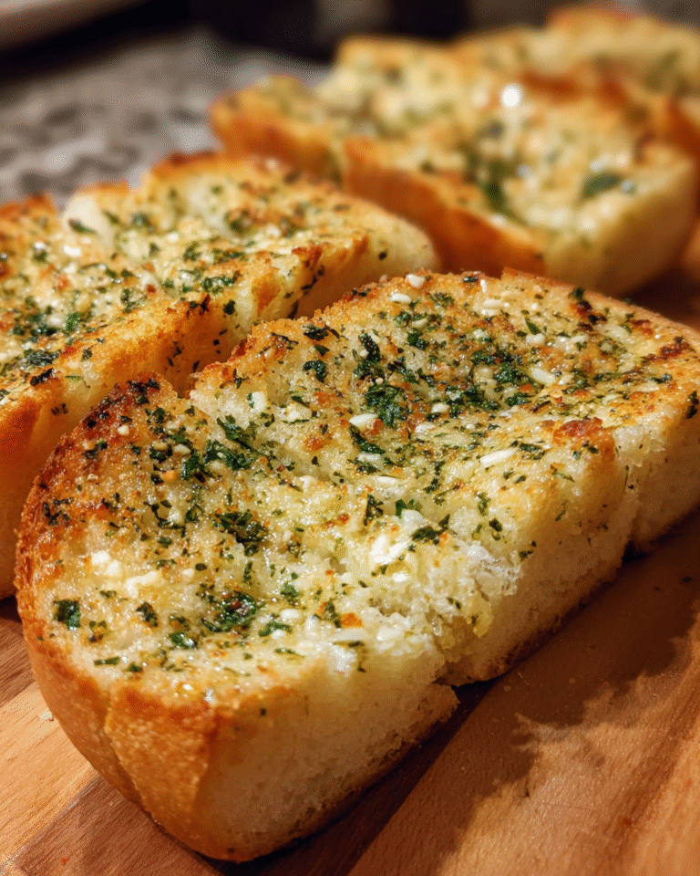 Golden baked make-ahead freezer garlic bread on baking sheet