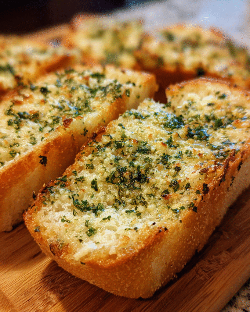 Golden baked make-ahead freezer garlic bread on baking sheet