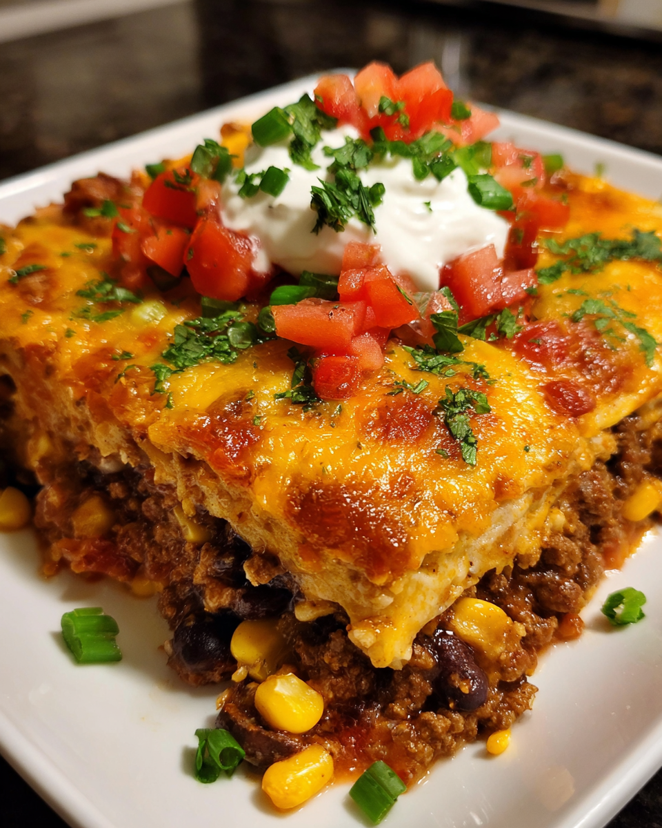 Cheesy Make-Ahead Mexican Lasagna in baking dish