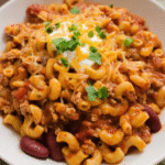 Creamy make-ahead turkey chili mac and cheese in a white bowl