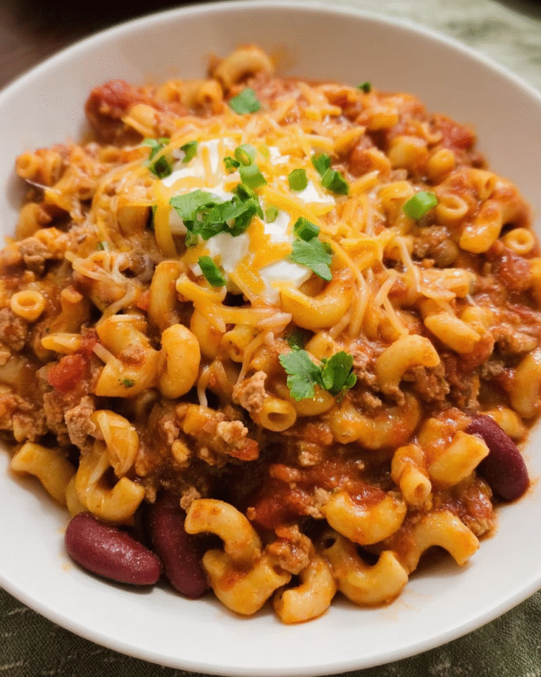 Creamy make-ahead turkey chili mac and cheese in a white bowl
