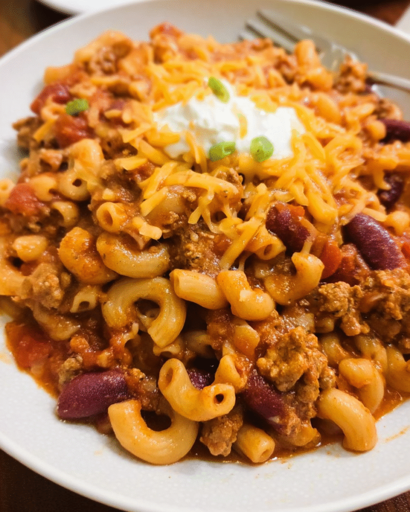 Creamy make-ahead turkey chili mac and cheese in a white bowl