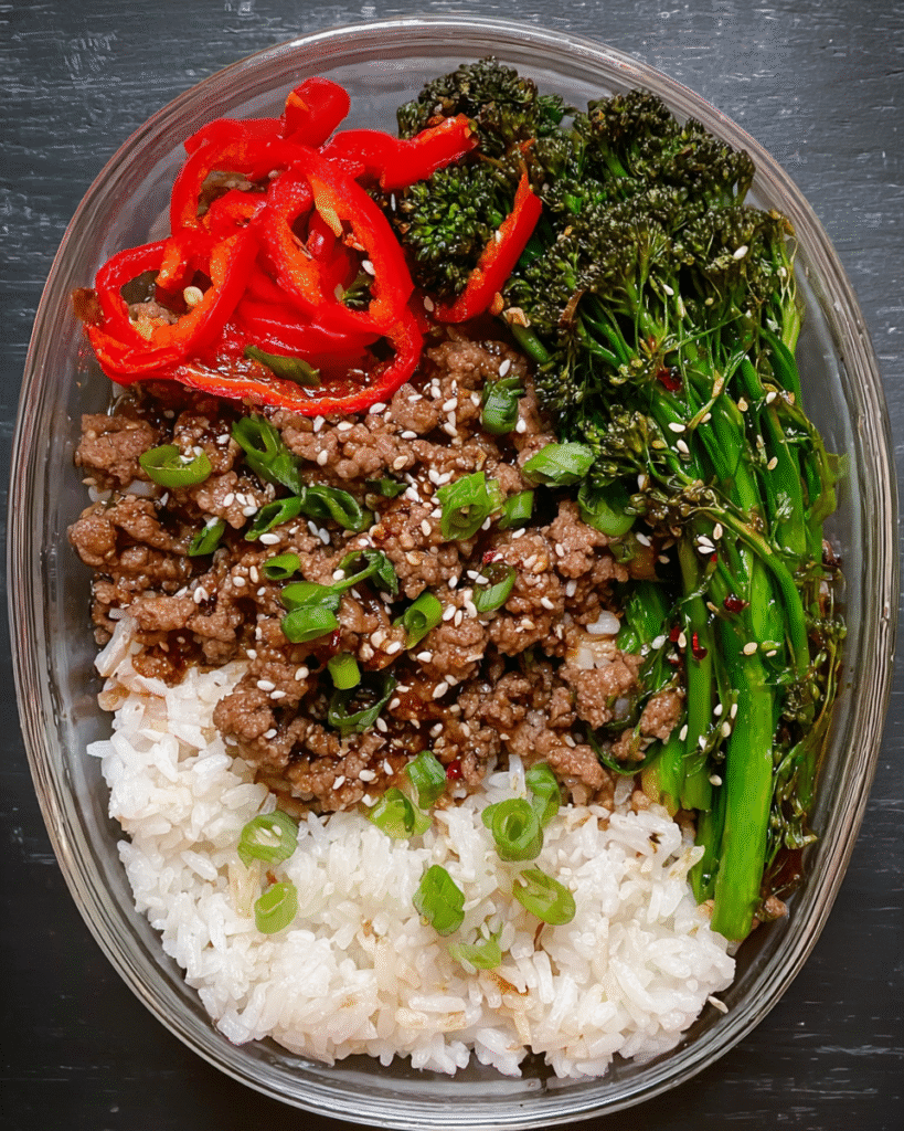 Meal Prep Mongolian Beef Bowls with Broccoli in glass containers