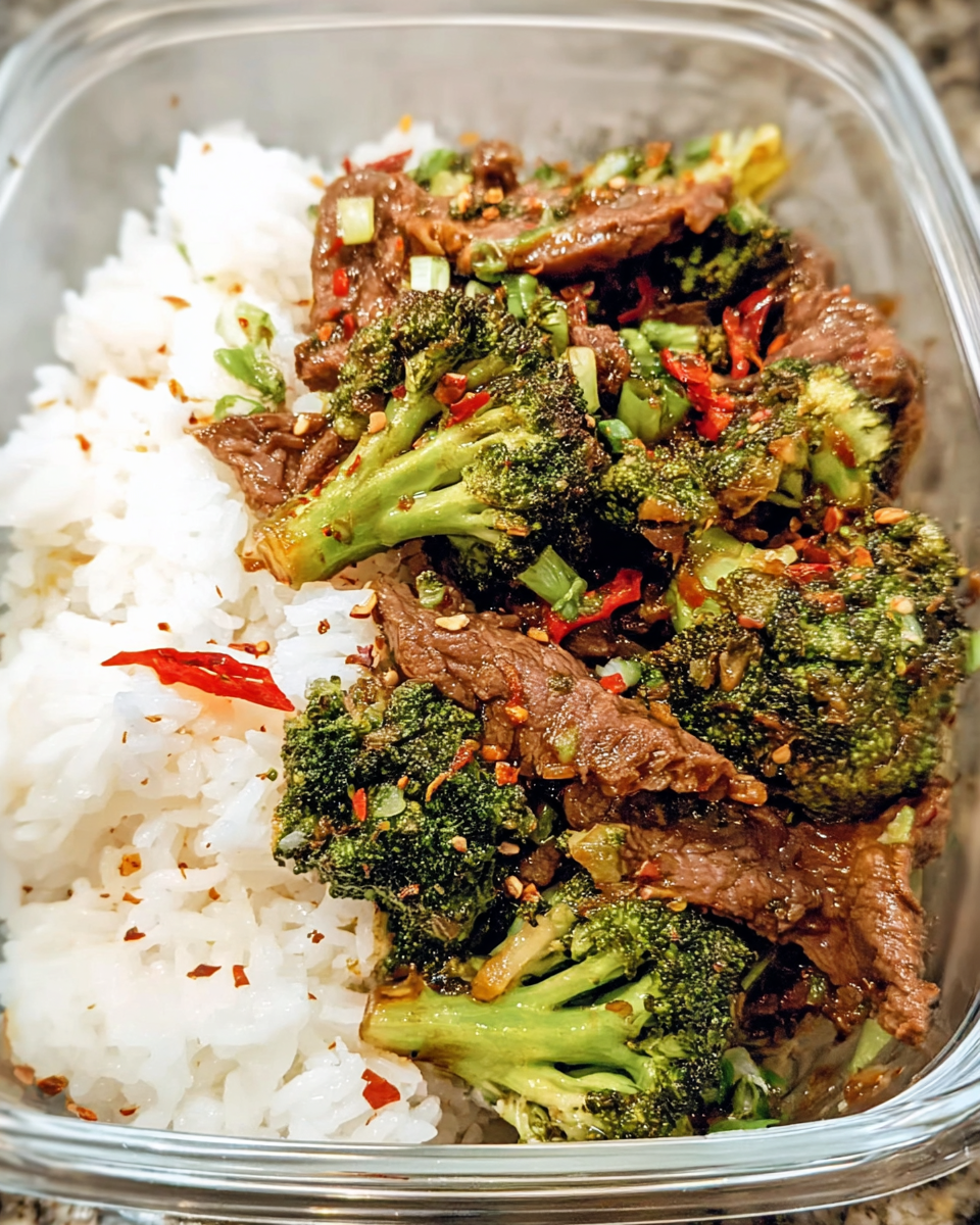 Meal Prep Beef and Broccoli in glass container with rice