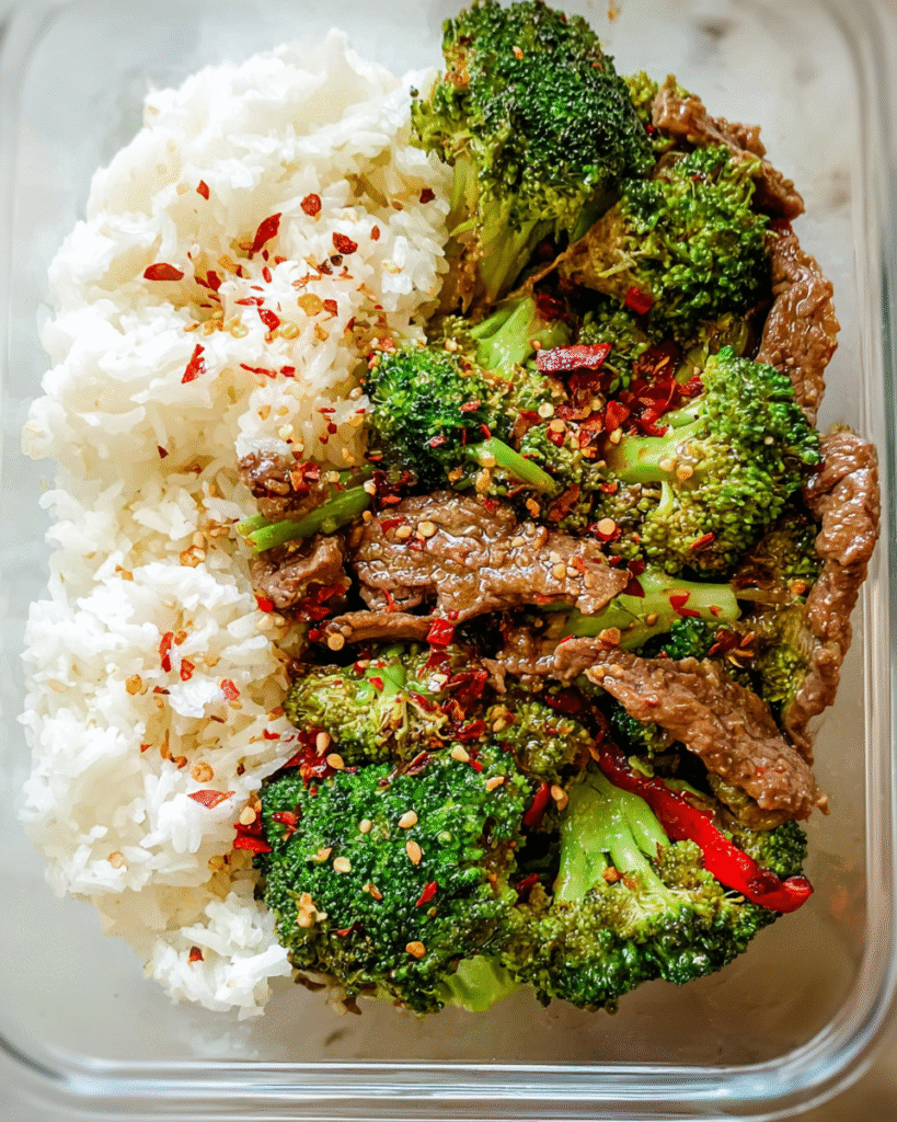 Meal Prep Beef and Broccoli in glass container with rice