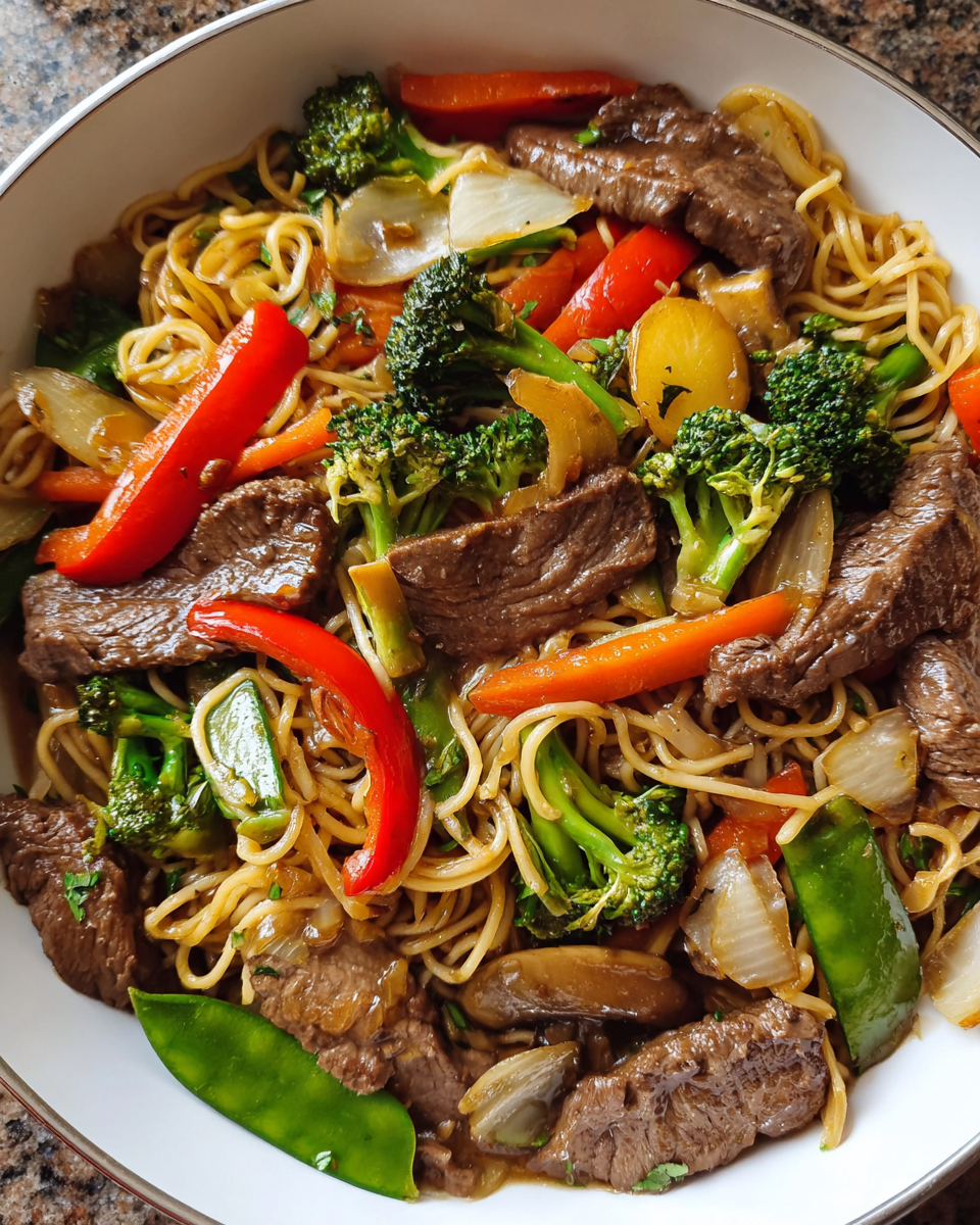 Meal Prep Beef and Veggie Stir-Fry Noodles in a skillet with colorful vegetables and noodles