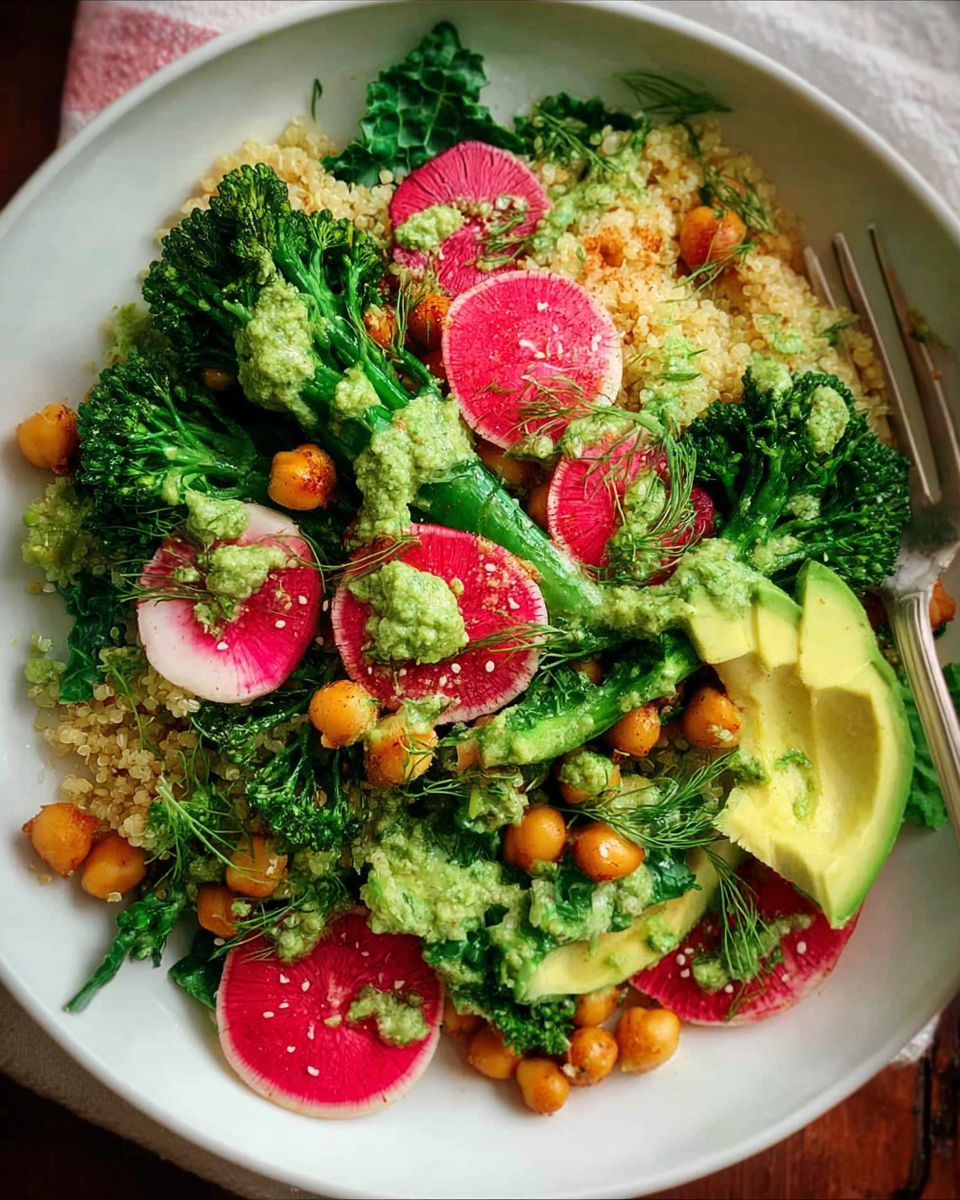 Meal Prep Broccoli Pesto Quinoa Salad in glass container with lemony pea pesto