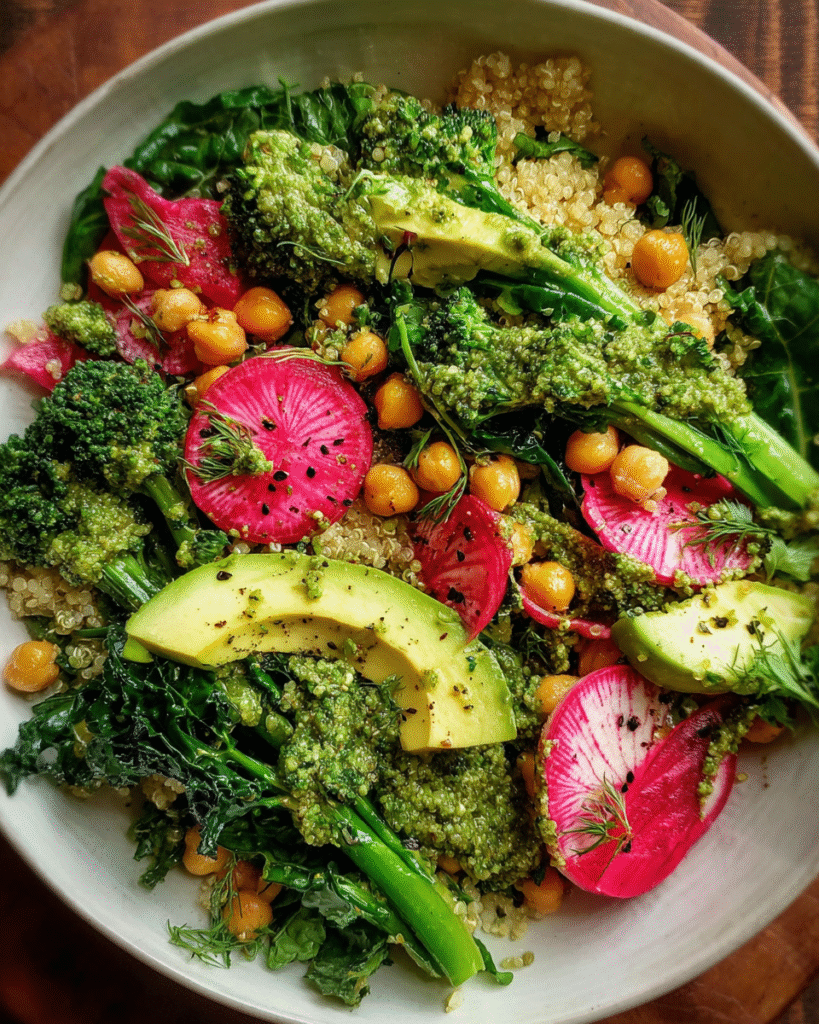 Meal Prep Broccoli Pesto Quinoa Salad in glass container with lemony pea pesto