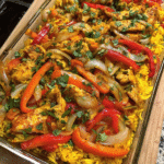 Meal Prep Chicken Fajita Rice Bake fresh from oven in casserole dish