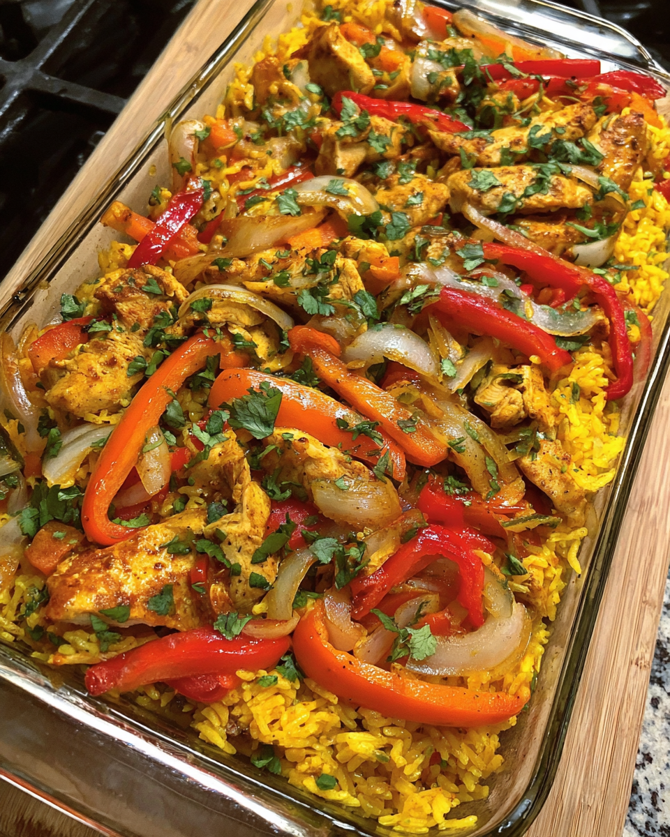 Meal Prep Chicken Fajita Rice Bake fresh from oven in casserole dish