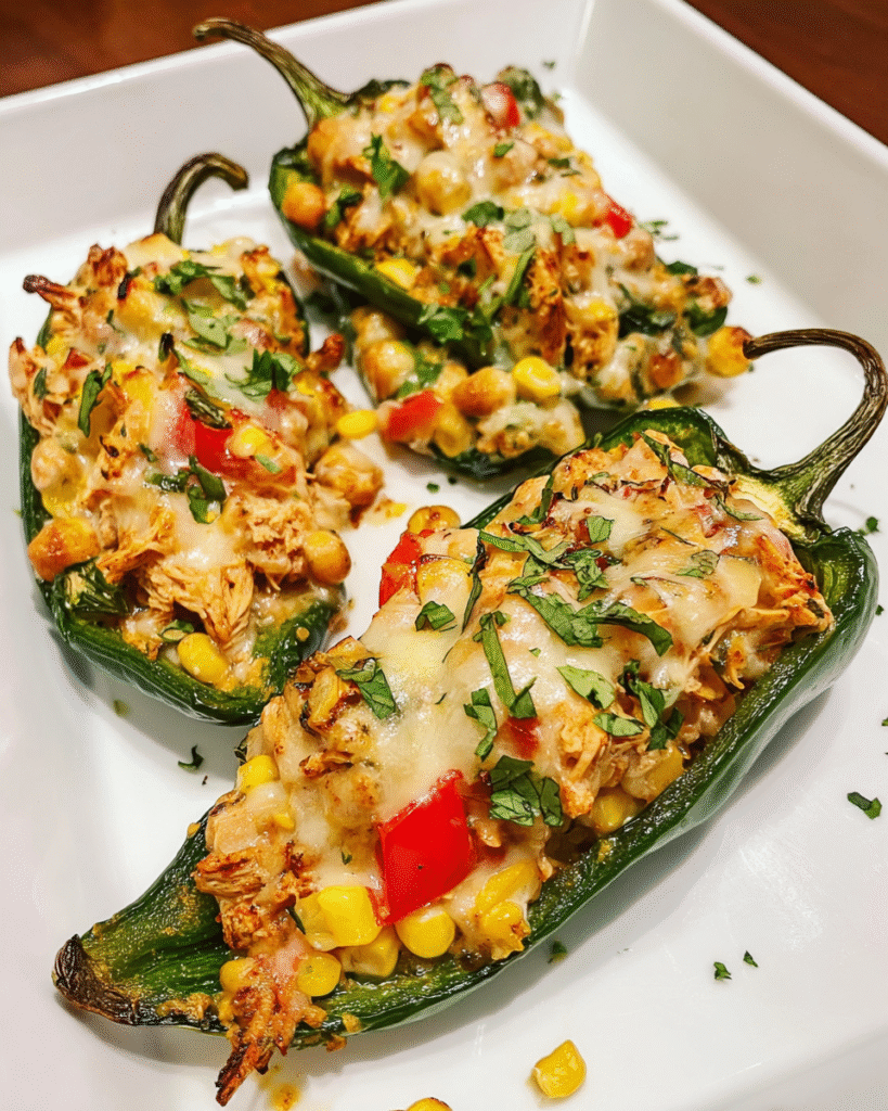 Meal Prep Chicken Stuffed Poblano Peppers fresh out of oven