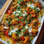 Meal Prep Chicken Tikka Rice Bake in white baking dish with yogurt garnish