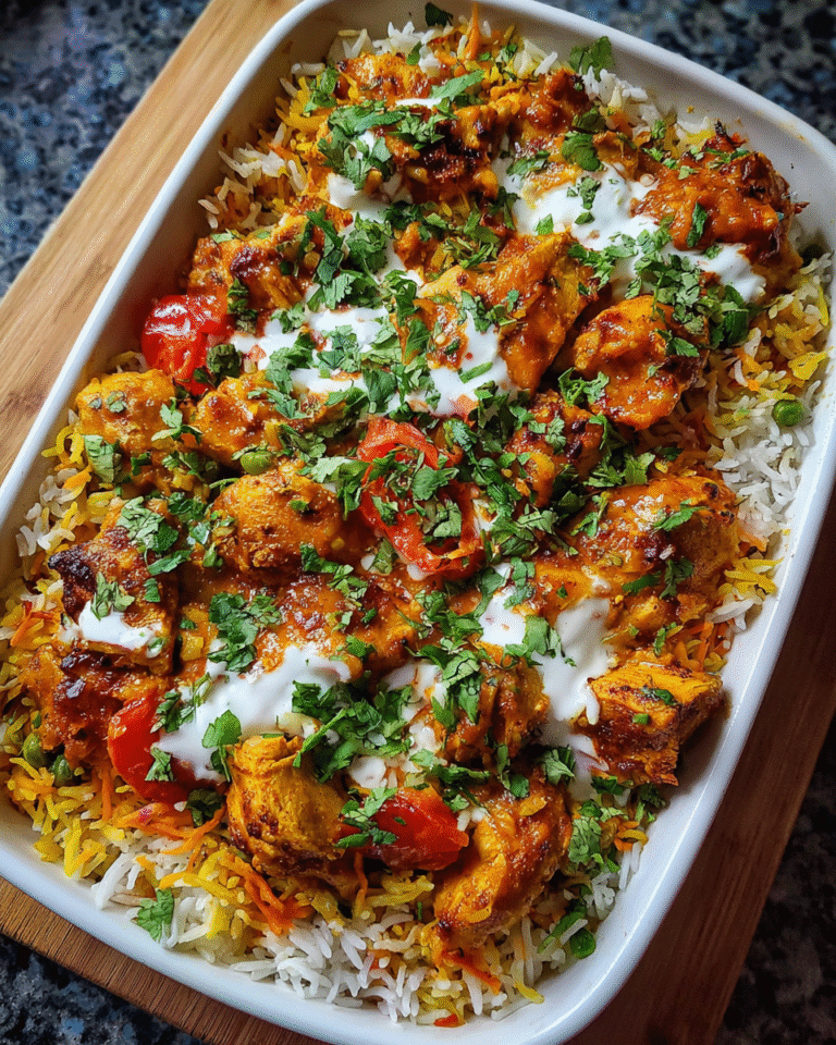 Meal Prep Chicken Tikka Rice Bake in white baking dish with yogurt garnish
