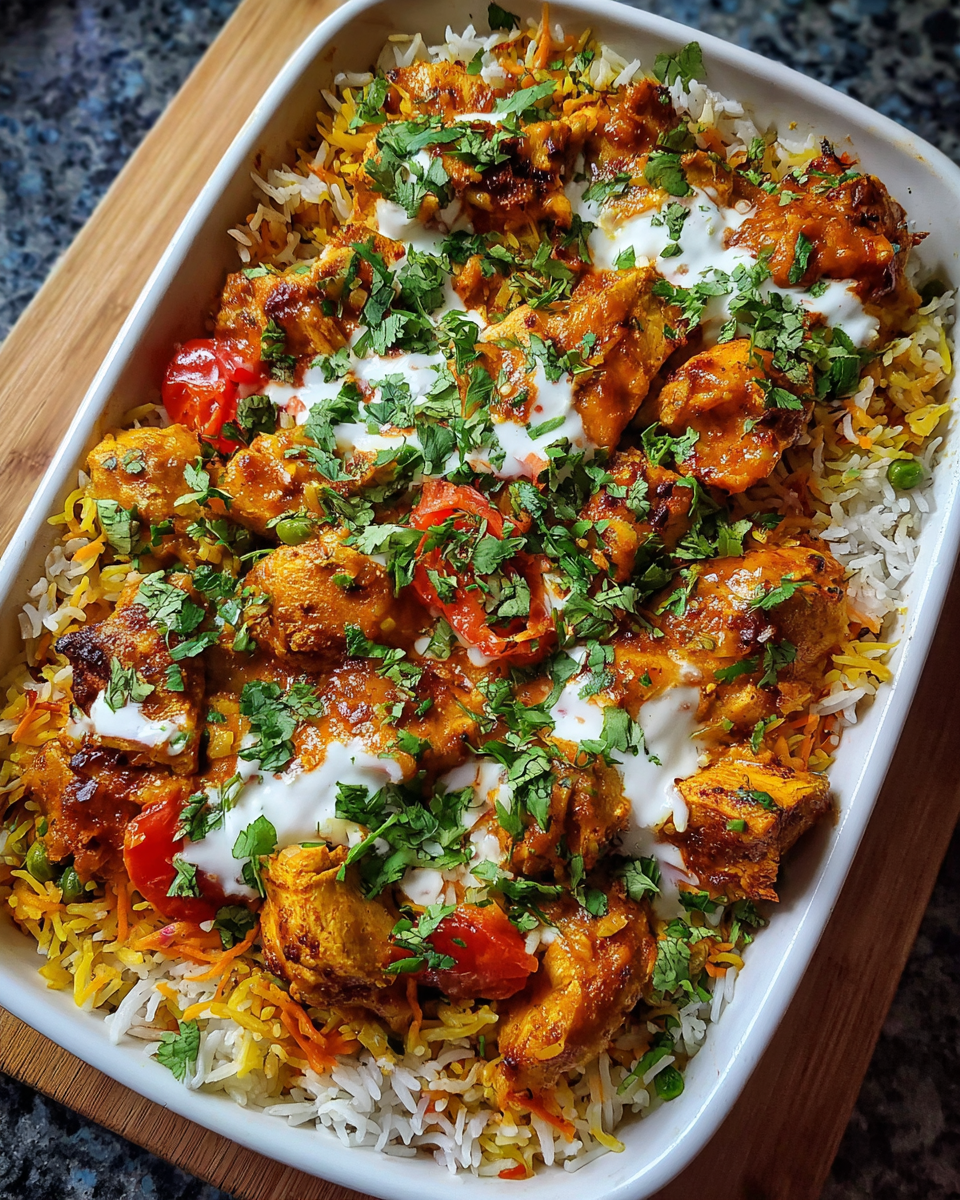 Meal Prep Chicken Tikka Rice Bake in white baking dish with yogurt garnish