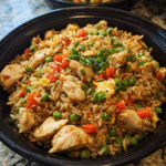 Meal Prep Chicken and Veggie Fried Rice in meal containers with vegetables and brown rice