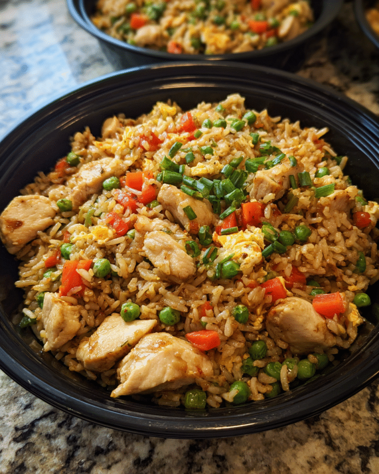 Meal Prep Chicken and Veggie Fried Rice in meal containers with vegetables and brown rice