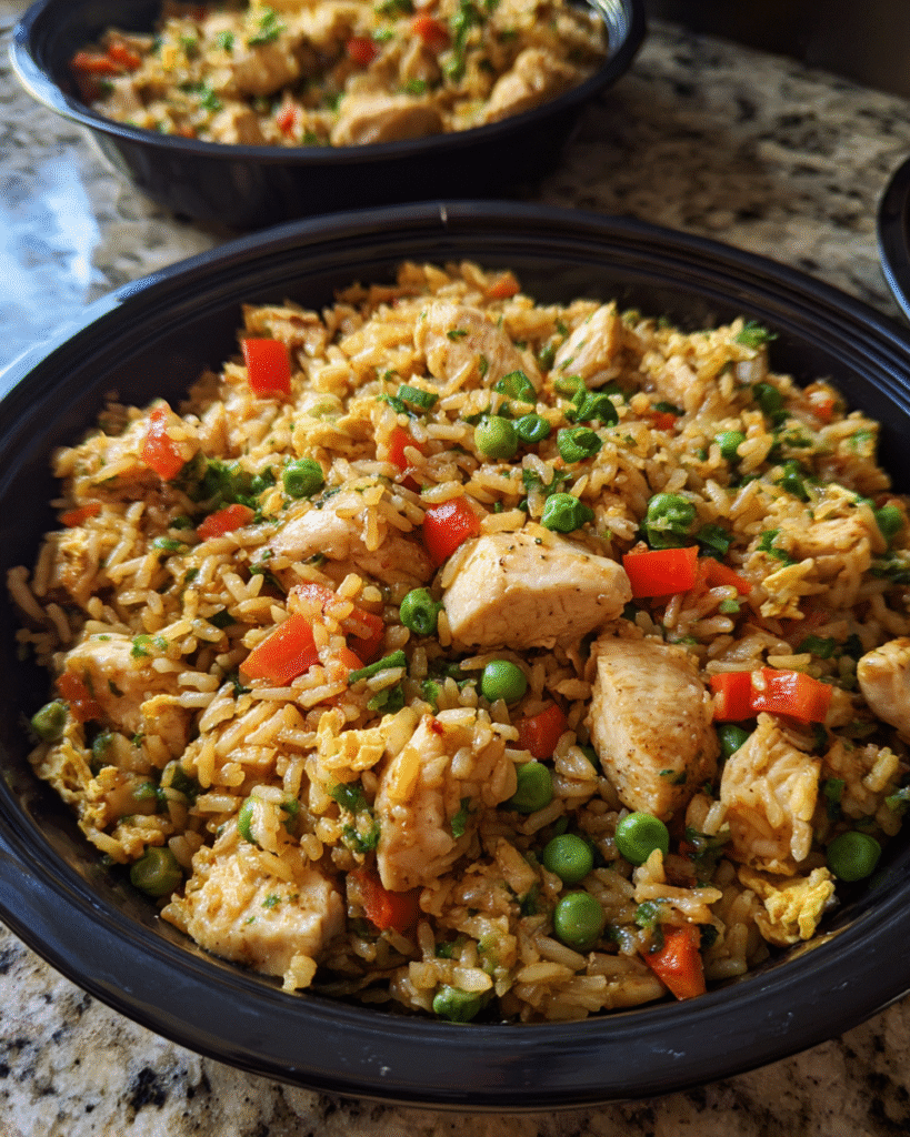 Meal Prep Chicken and Veggie Fried Rice in meal containers with vegetables and brown rice
