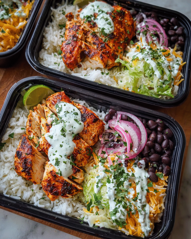 Meal Prep Chipotle Chicken Burrito in glass container with rice and beans