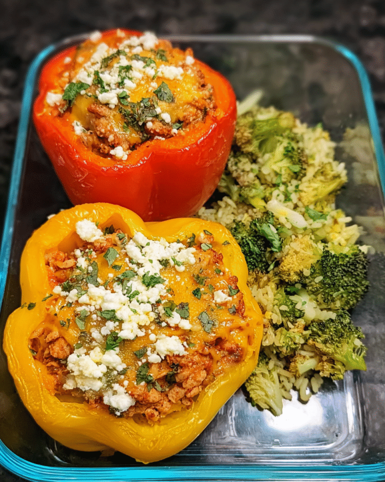 Meal Prep Chorizo Chicken Stuffed Peppers in a glass container with Cotija cheese