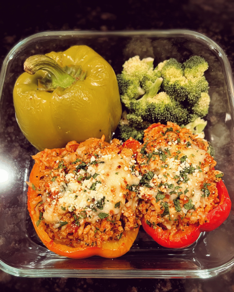 Meal Prep Chorizo Chicken Stuffed Peppers in a glass container with Cotija cheese