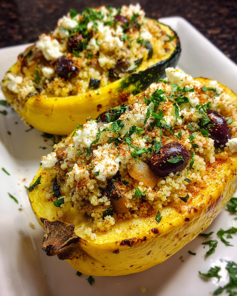 Meal Prep Couscous Stuffed Squash baked with Mediterranean ingredients