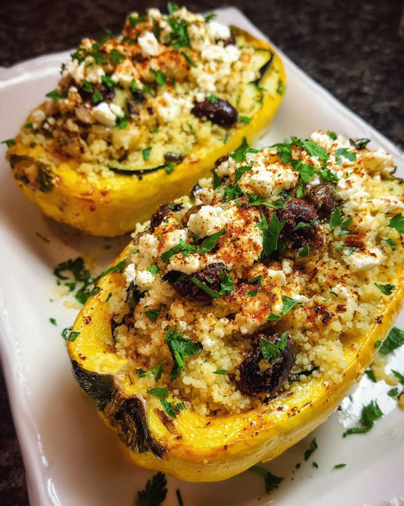 Meal Prep Couscous Stuffed Squash baked with Mediterranean ingredients