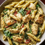 Meal Prep Creamy Pesto Chicken Pasta in glass containers