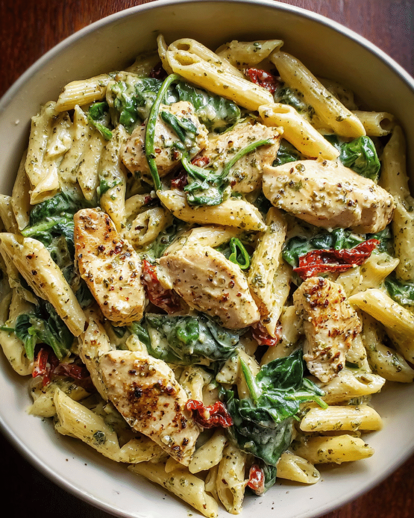 Meal Prep Creamy Pesto Chicken Pasta in glass containers