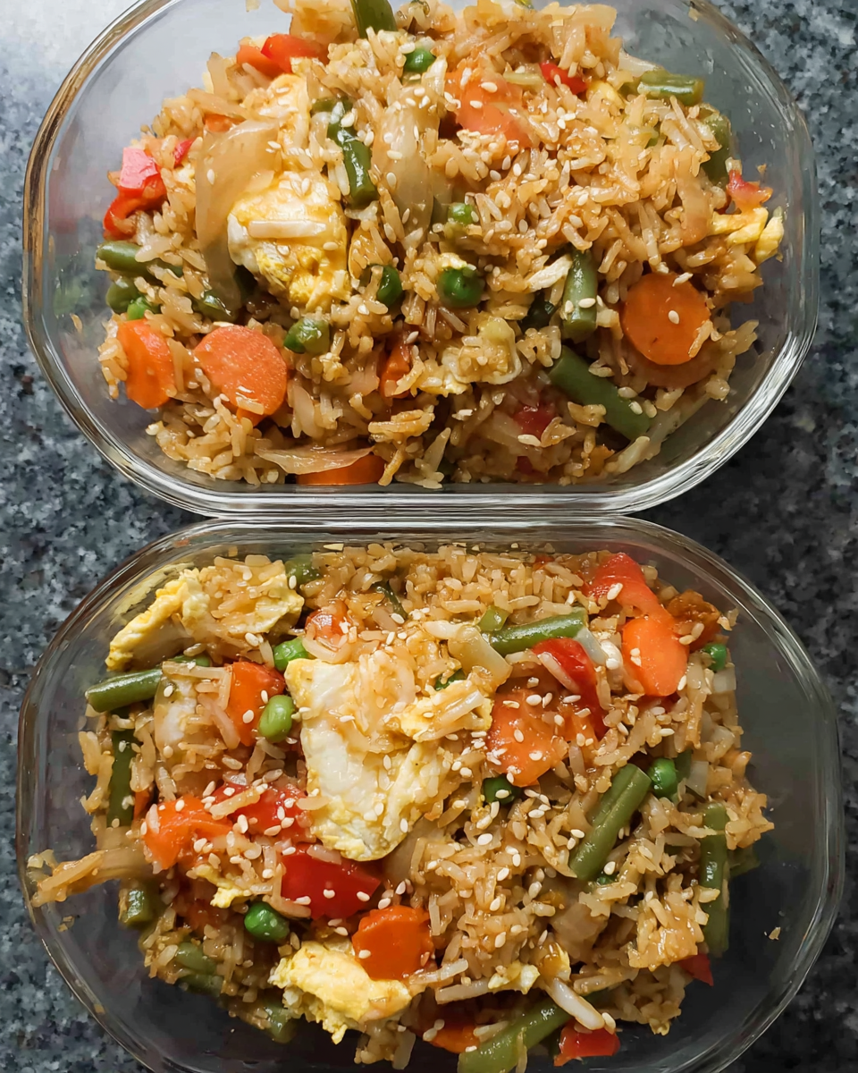 Meal Prep Egg Fried Rice with vegetables and sesame seeds in meal prep containers