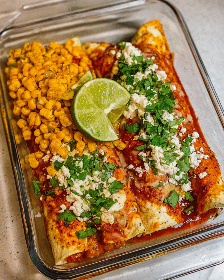 Meal Prep Enchiladas de Pollo and Elote in glass meal prep containers with lime wedges