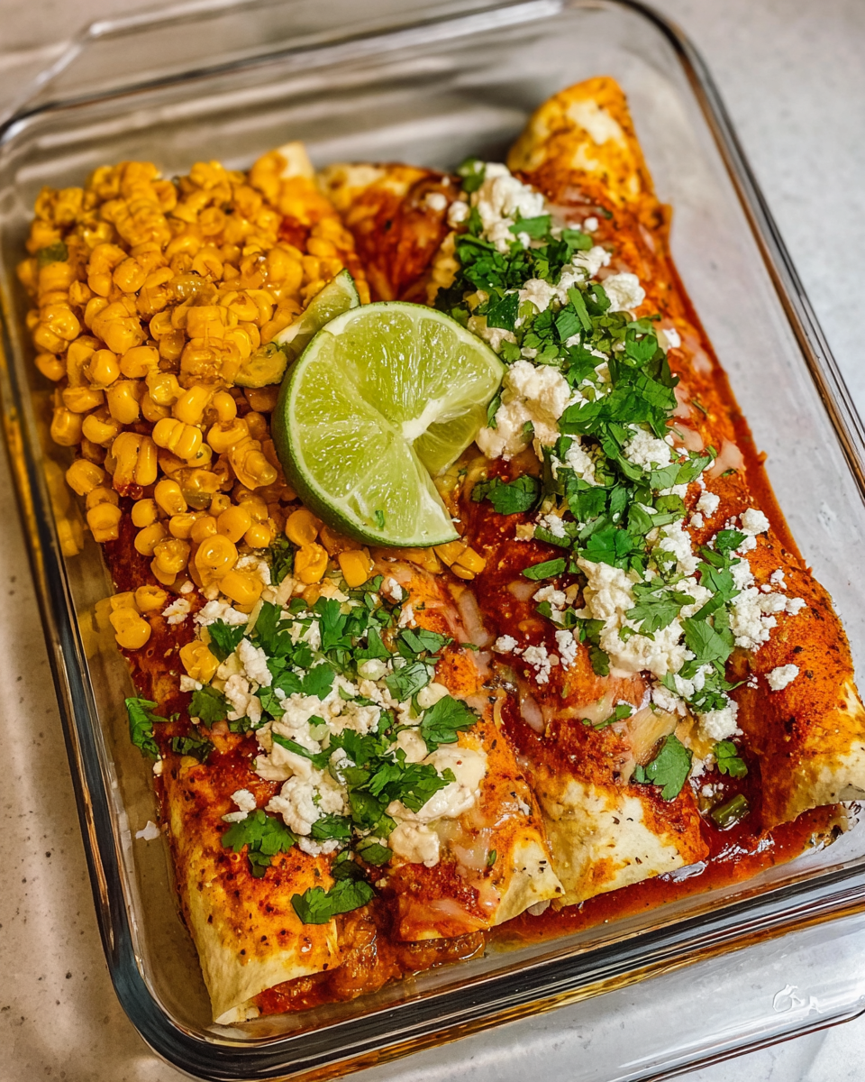 Meal Prep Enchiladas de Pollo and Elote in glass meal prep containers with lime wedges