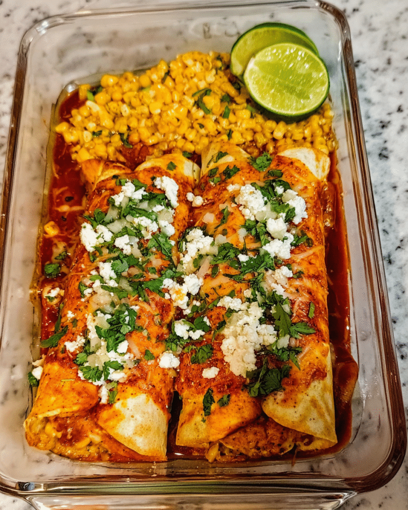 Meal Prep Enchiladas de Pollo and Elote in glass meal prep containers with lime wedges
