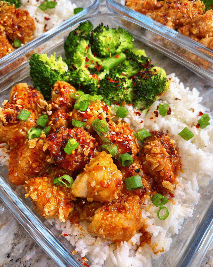 Meal Prep Firecracker Chicken and Rice Bowls with steamed broccoli