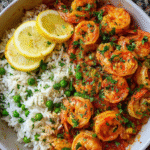 Meal Prep Garlic Butter Shrimp with Rice in white bowl with lemon and parsley