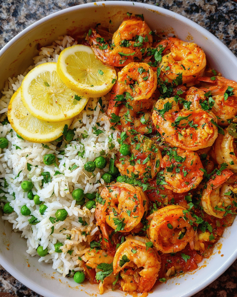 Meal Prep Garlic Butter Shrimp with Rice in white bowl with lemon and parsley