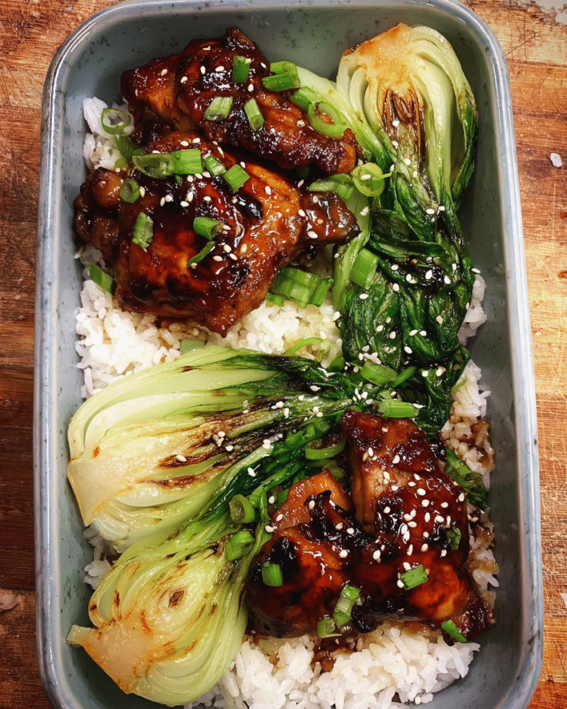 Meal Prep Glazed Chicken Thighs and Rice Bowls in storage containers