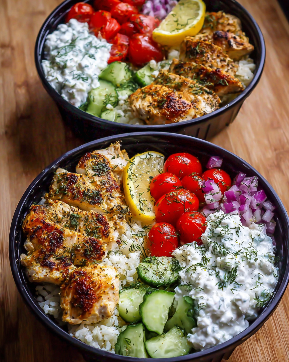 Meal Prep Greek Chicken Bowl with rice, veggies, and tzatziki