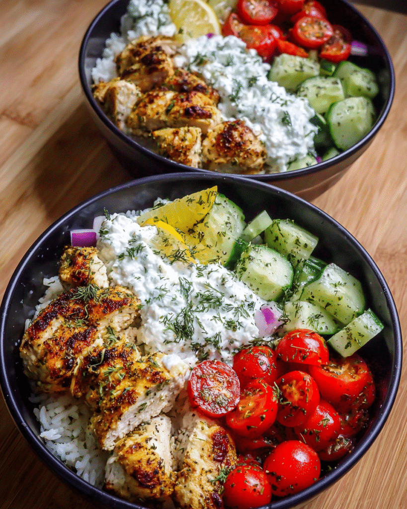 Meal Prep Greek Chicken Bowl with rice, veggies, and tzatziki