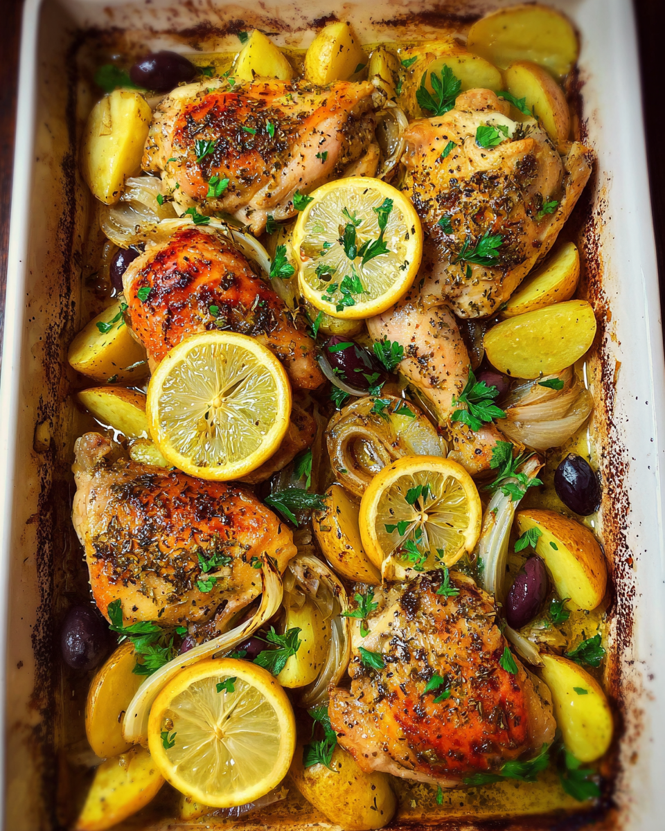 Meal Prep Greek Chicken and Potatoes in a roasted lemon garlic sauce