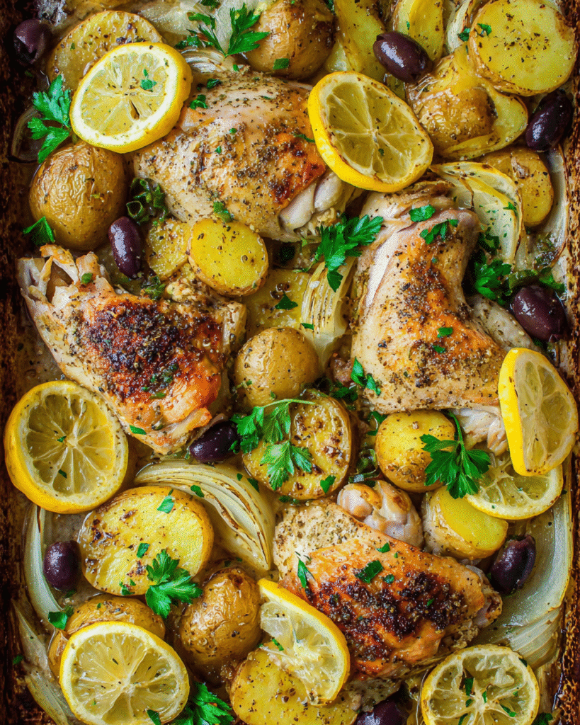 Meal Prep Greek Chicken and Potatoes in a roasted lemon garlic sauce
