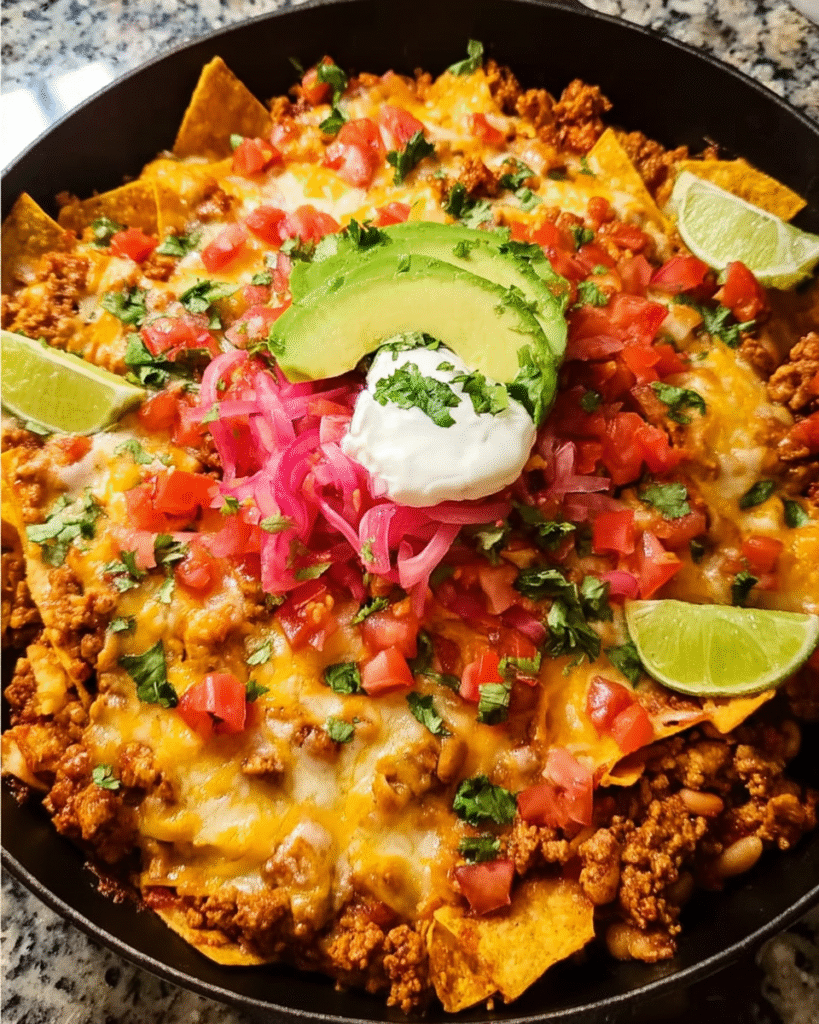 Meal Prep Ground Turkey Taco Skillet in a cast-iron pan with toppings