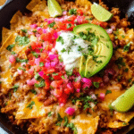 Meal Prep Ground Turkey Taco Skillet in a cast-iron pan with toppings