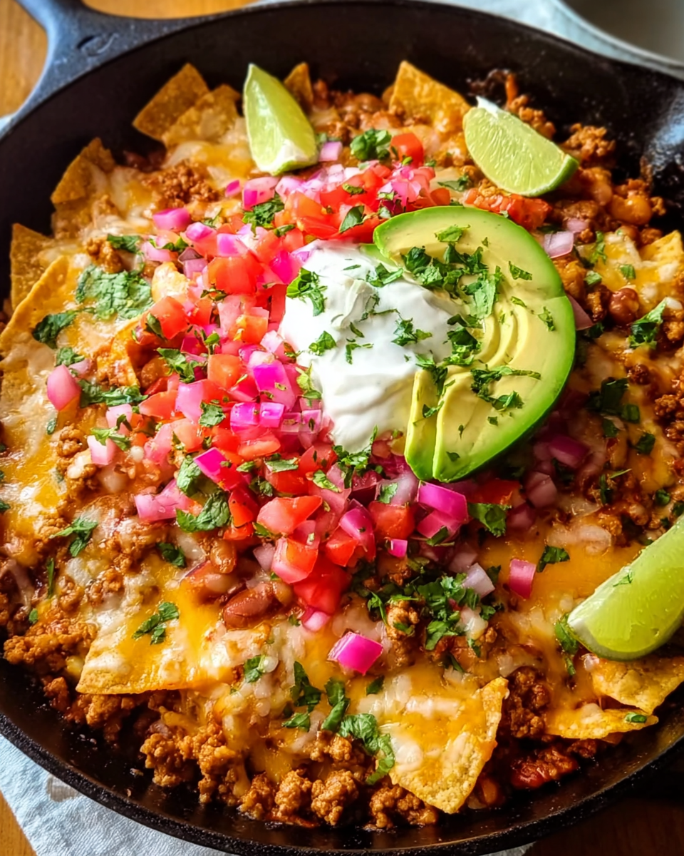 Meal Prep Ground Turkey Taco Skillet in a cast-iron pan with toppings