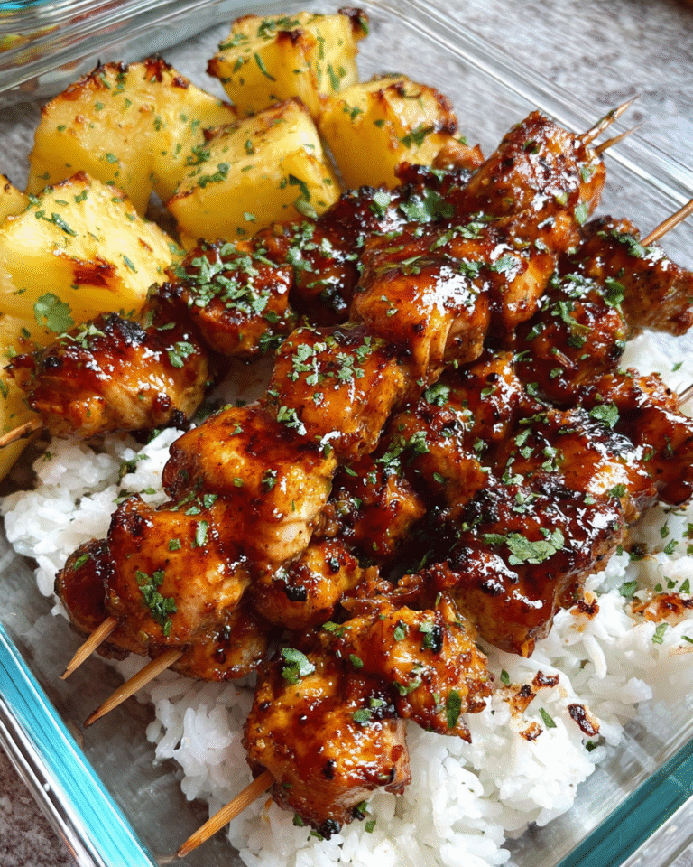 Meal Prep Honey Garlic Jerk Chicken Skewers with Rice and Pineapple