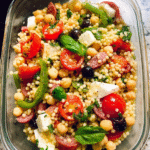 Meal Prep Italian Couscous Salad with vegetables and mozzarella in meal containers