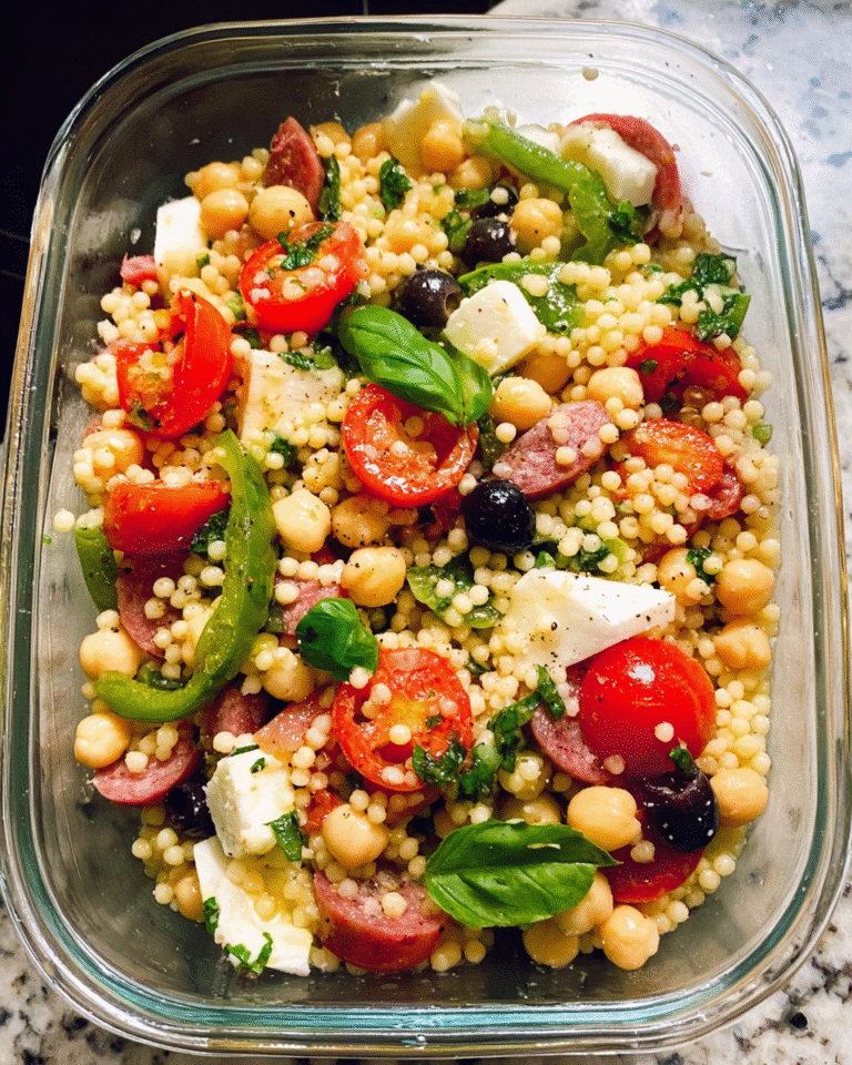 Meal Prep Italian Couscous Salad with vegetables and mozzarella in meal containers