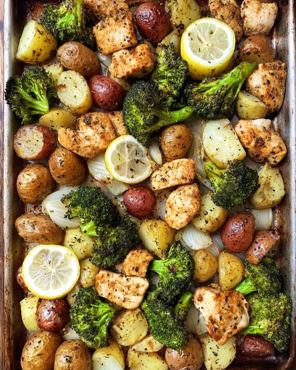 Meal Prep Lemon Pepper Chicken with Potatoes on a sheet pan with broccoli
