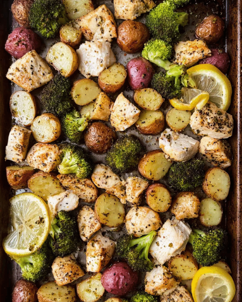 Meal Prep Lemon Pepper Chicken with Potatoes on a sheet pan with broccoli