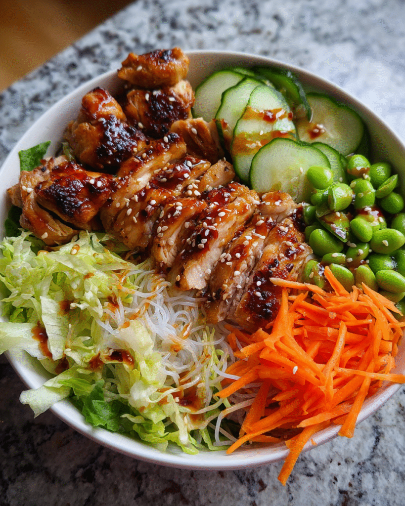 Meal Prep Miso Chicken Noodle Bowl with veggies and sauce
