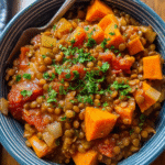 Meal Prep Moroccan Instant Pot Lentils in bowl with rice